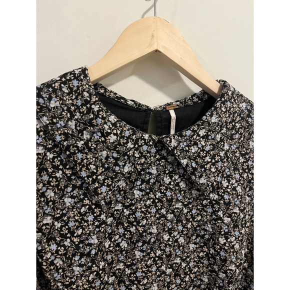 Free People Making Plans Black Blue Floral Mini Dress with Blue Accents Collar - Picture 3 of 11